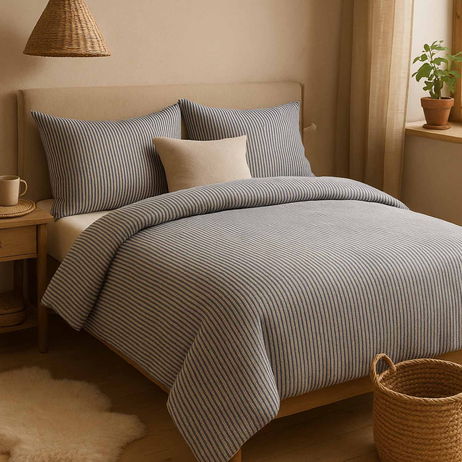 Bettwäsche Set: Flanell weiß blau gestreift