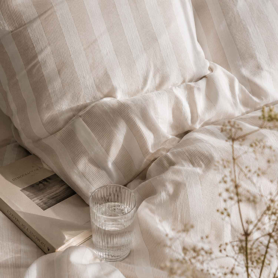 Bettwäsche Set: Halbleinen weiß beige gestreift