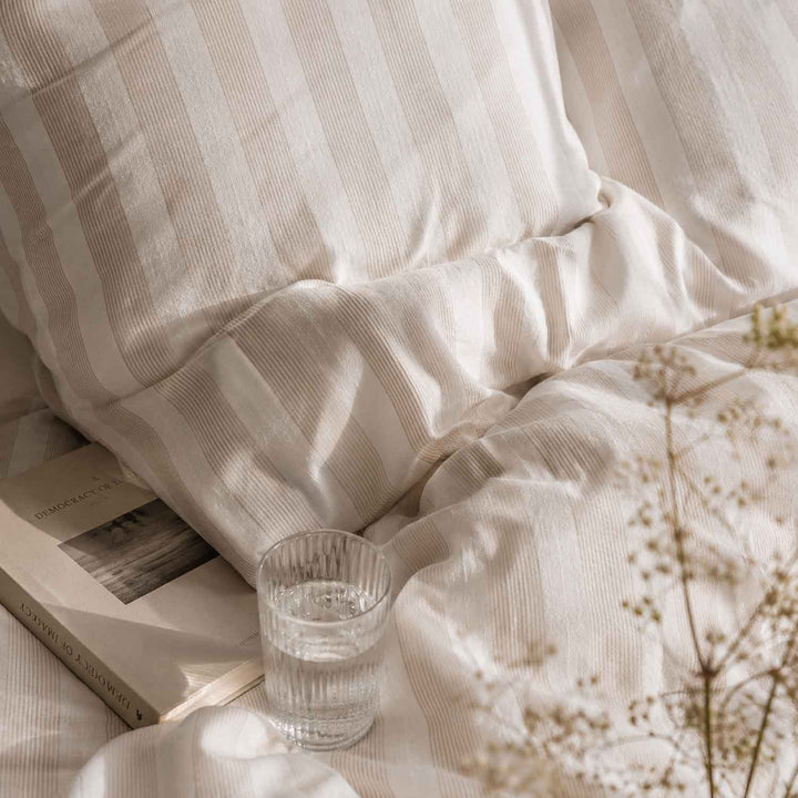 Bettwäsche Set: Halbleinen weiß beige gestreift